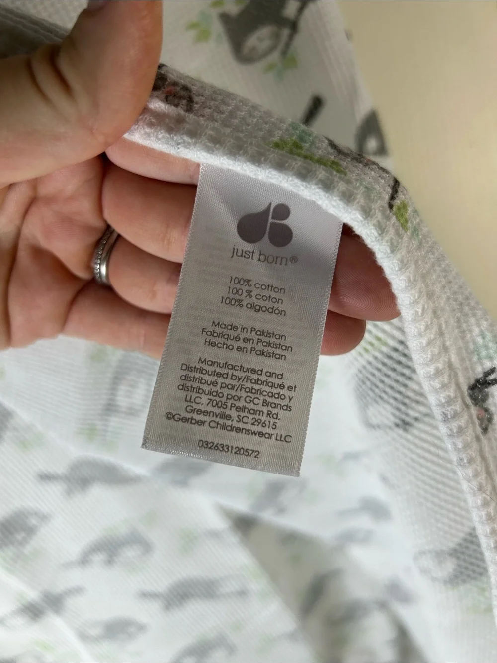 Just Born Sloth Baby Blanket Thermal Waffle Weave Cotton Gray White Tree Branch